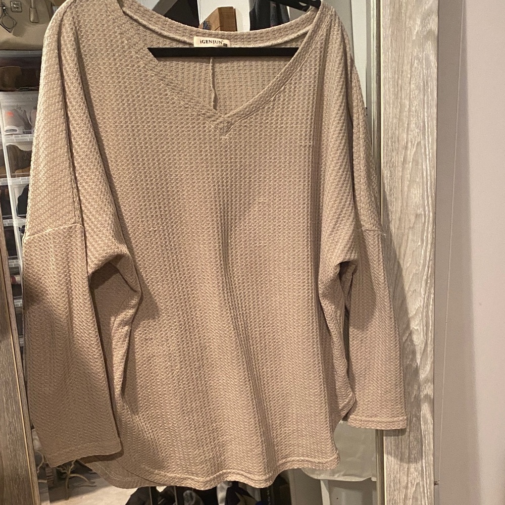 Beige V-Neck Waffle Knit Sweater Top - Picture 1 of 2